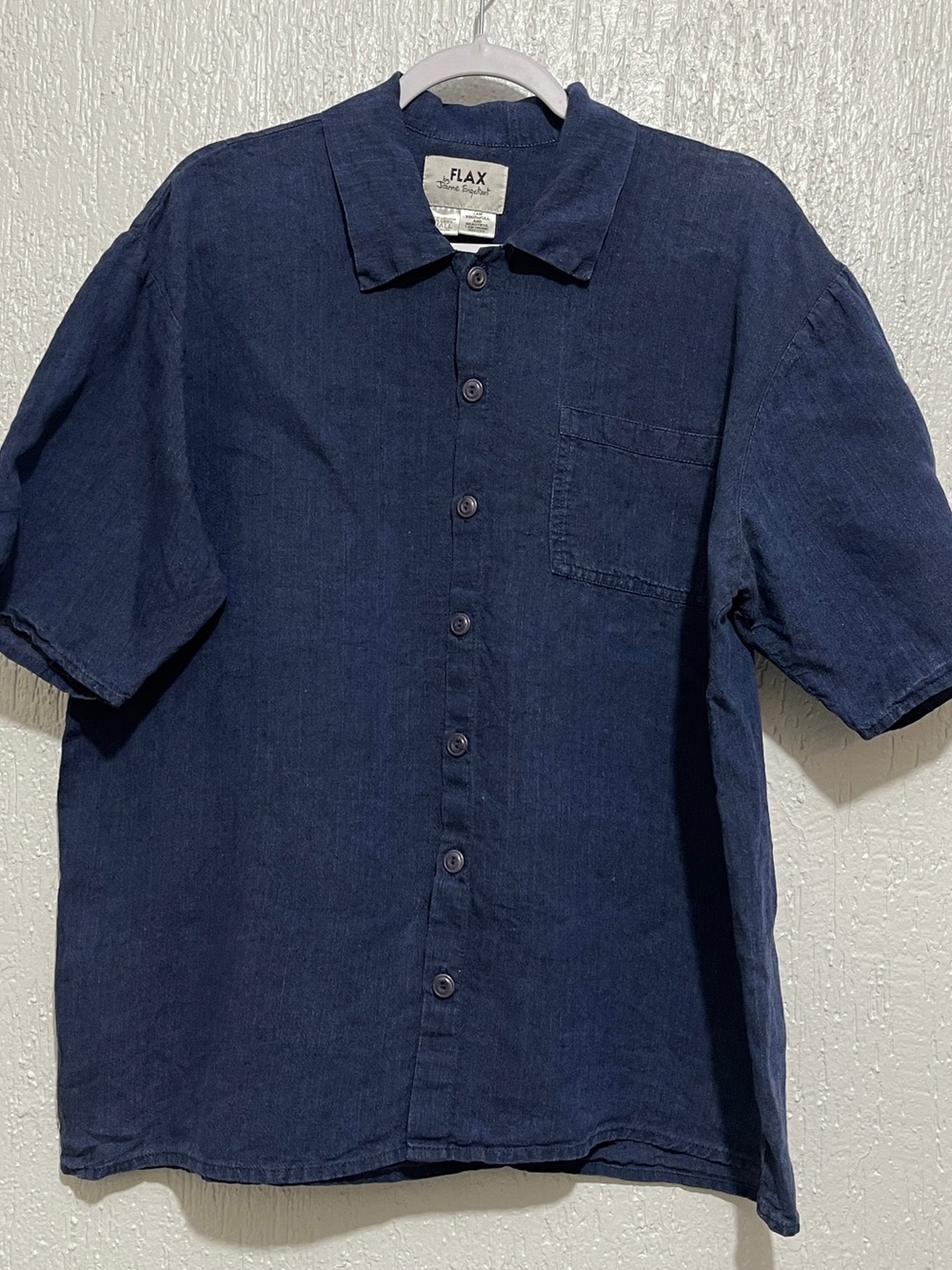 FLAX Jeanne Engelhart 100% Linen Short Sleeve Shirt Navy Small Lagenlook Boxy